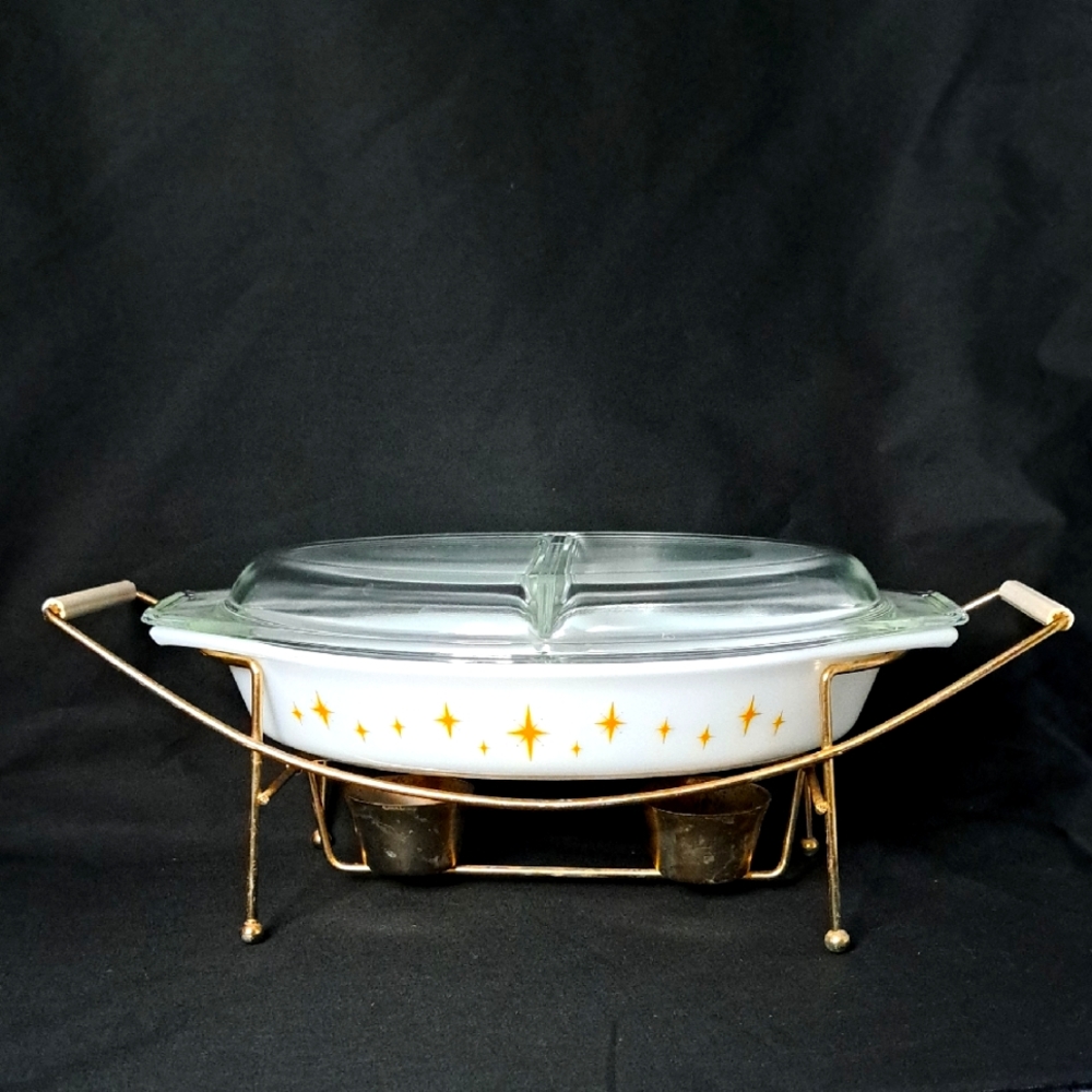 Vintage PYREX Atomic Starburt Casserole Dish with Warmer